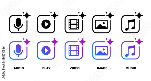Ai generate button. Image, video, audio, play generate symbol.Set of create media file icon Collection. 