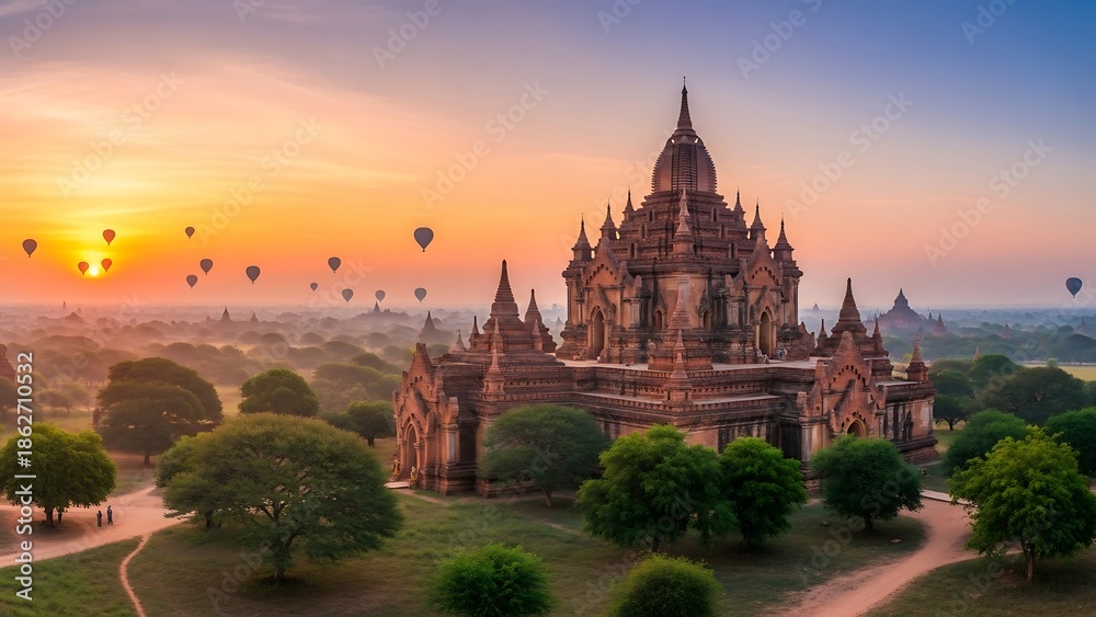 Obraz premium Ancient temple at sunrise with hot air balloons.