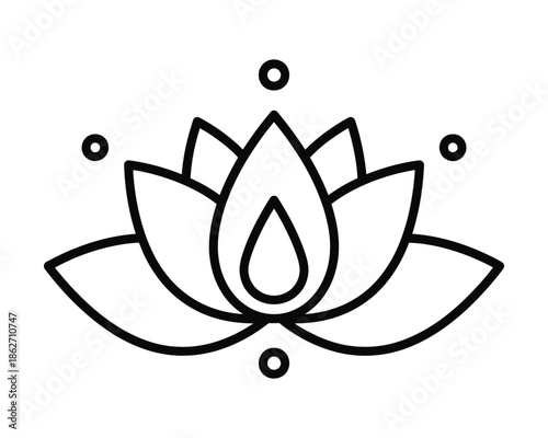 Stylized black outline drawing of a lotus flower with a central flame-like element and decorative dots, representing spirituality and purity.
