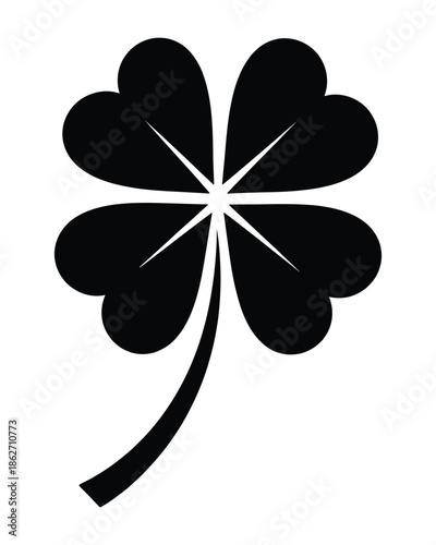 A simple black silhouette of a four-leaf clover with a stem, symbolizing luck and good fortune.