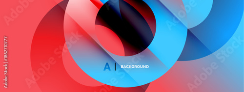 Abstract shapes overlap, creating vibrant red, blue, purple gradients. Modern design suggests digital art, fluid motion, dynamic composition.