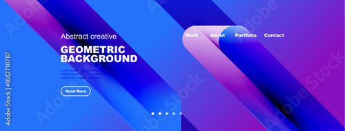 Abstract geometric background. Blue, purple gradients dominate design. Text elements present, navigation visible. Modern aesthetic.