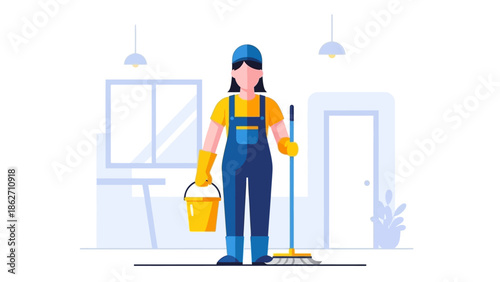 This flat design vector illustration presents a professional cleaner with a mop and bucket, ideal for representing cleaning services or commercial hygiene. 