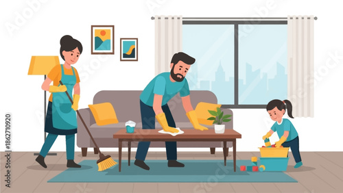A cheerful flat design illustration showing a family collaborating to clean their living room, representing teamwork and shared household responsibilities.