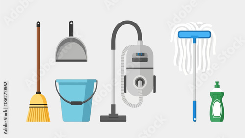 This organized flat design vector illustration displays a comprehensive collection of essential house cleaning tools, perfect for representing domestic tasks or cleaning services. 