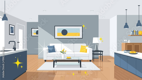 This conceptual flat design vector illustration portrays a pristine home interior with sparkling effects, symbolizing the ultimate result of thorough cleaning and hygiene. 
