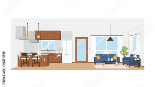 This conceptual flat design vector illustration portrays a pristine home interior with sparkling effects, symbolizing the ultimate result of thorough cleaning and hygiene. 