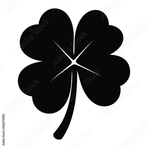 A simple black four-leaf clover icon with a subtle white highlight at its center, symbolizing luck and good fortune.