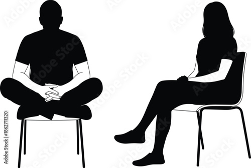 Silhouette of man sitting cross legged on chair and woman in professional attire having a conversation, therapy session, counseling, mental health, communication concept
