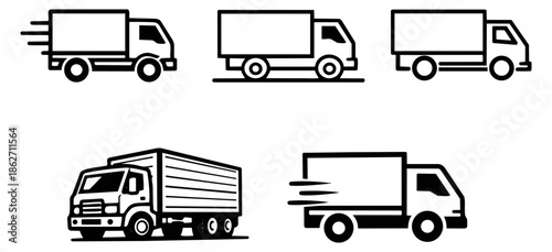 Modern line art delivery truck icons set featuring various cargo and moving vehicles with speed elements for transportation and logistics services