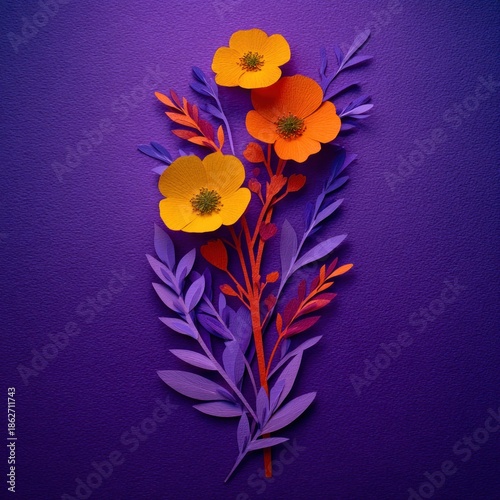 Floral paper art composition with colorful flowers and leaves on purple