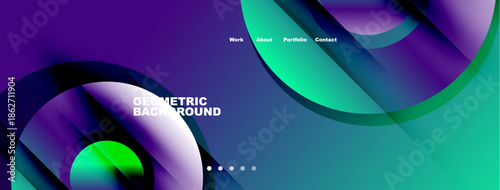 Abstract fluid shapes, vibrant colors, modern design. Website header with navigation elements present. Geometric background visible.