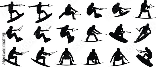 Wakeboarding silhouette vector set of athletic person performing various stunts, water skiing icons, extreme sports action figures, summer activities on white background for design.