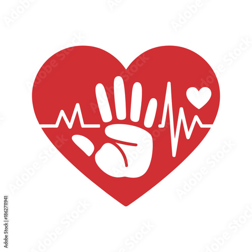 White handprint icon centered within a red heart displaying a health pulse.