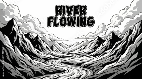 winding river flows through a mountain valley, adding movement and depth to a balanced natural composition favored for travel and environmental design usage