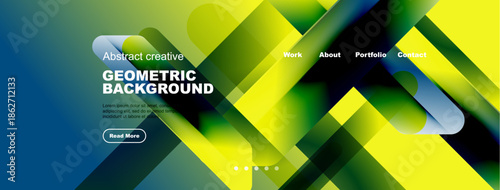 Abstract geometric background features vibrant blue, green, yellow gradients. Overlapping shapes create dynamic visual effect. Navigation menu present.