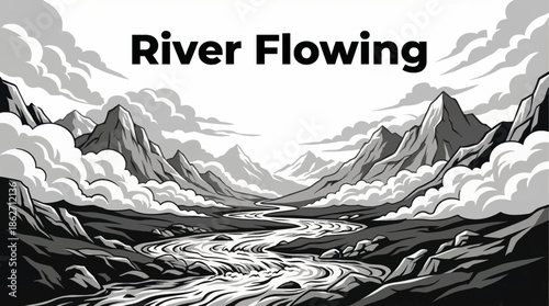 winding river flows through a mountain valley, adding movement and depth to a balanced natural composition favored for travel and environmental design usage