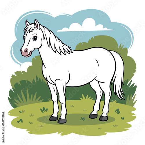 White horse illustration stands calmly in a green grassy field outdoors.