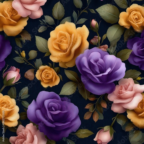 Floral pattern featuring vibrant roses in various colors and detailed design
