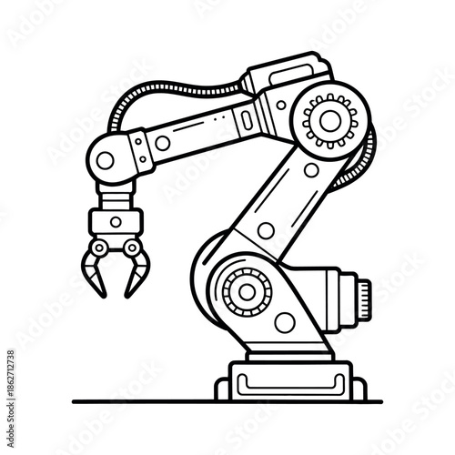Industrial articulated robotic arm shows a mechanical gripper with many.