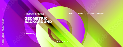 Vibrant website mockup. Fluid shapes, gradients, text overlay. Navigation includes work, about, portfolio, contact options.