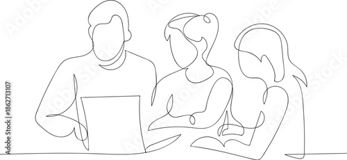 Group of business people work using. Continuous line drawing of three people collaborating on a laptop during a business meeting. A minimalist continuous line art drawing on a clean white background 