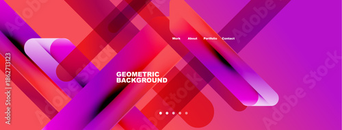 Abstract geometric design. Pink, purple hues blend. Modern layout features navigation options, dots. Vibrant, dynamic composition.