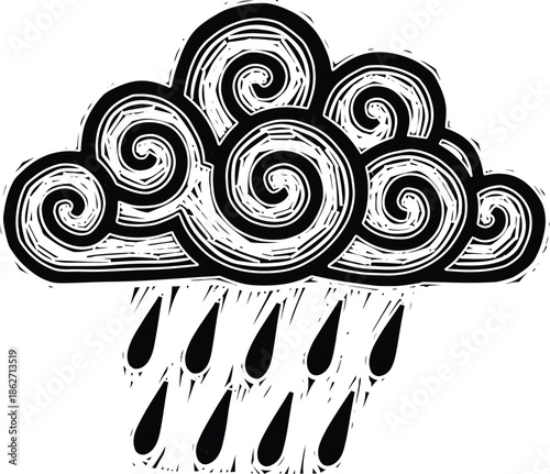 Linocut-style cloud with raindrops chunky carved black-and-white vector illustration bold hand-carved lines