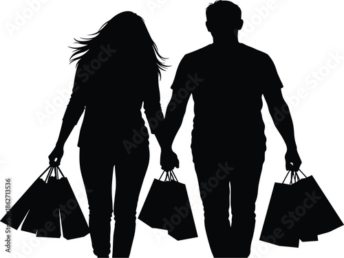 Shopping couple silhouette, walking pose, holding hands, black figure, retail bags, consumer behavior, casual outing, side by side, urban lifestyle, symbolic gestureShopping couple silhouette