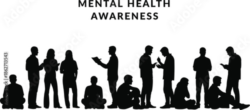 Silhouette group of diverse people standing and sitting together representing a community focused on mental health awareness for well-being support and understanding among individuals
