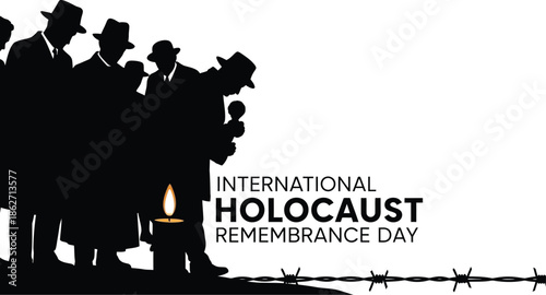 Commemorating the somber international holocaust remembrance day event featuring solemn silhouettes mourning with a single flickering candle near barbed wire symbolizing eternal memory.