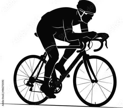 Cyclist silhouette, road bike rider, racing posture, helmet gear, black figure, sports motion, outdoor activity, cycling speed, fitness athlete, competitive rideCyclist silhouette, road bike rider
