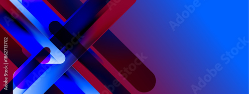Abstract geometric shapes, vibrant blue, red hues. Modern design, dynamic composition, sleek presentation. Minimalist aesthetic, gradient effects present.