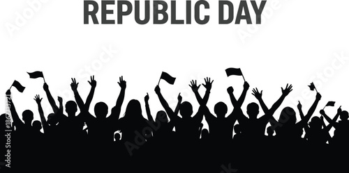 Silhouette crowd celebrating a national holiday event waving small flags beneath bold text announcing republic day in a minimalist design