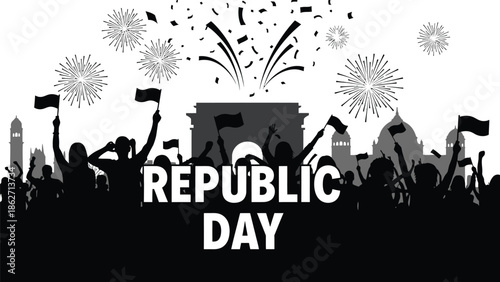 Enthusiastic crowd celebrating republic day with flags waving in front of monumental architecture silhouettes under exploding fireworks and confetti