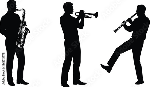 Musician silhouette, saxophone player, trumpet performer, clarinet artist, wind instruments, jazz band, black figure, musical pose, stage performance, artistic motionMusician silhouette