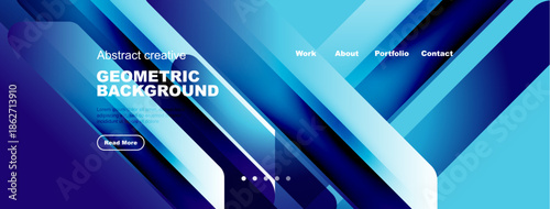 Modern abstract background design. Blue gradients, geometric shapes, text elements present. Website header visible. Clean, dynamic composition.