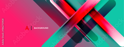 Abstract geometric design. Vibrant pink, red, turquoise gradients create dynamic layered effect. Modern, sleek visual composition.