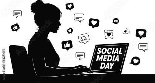 Silhouette of a focused woman working on a laptop surrounded by floating social media interaction icons celebrating social media day awareness