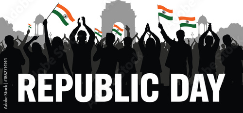 Enthusiastic crowd silhouettes celebrating the Indian Republic Day national holiday while waving the tricolor flag near India Gate monument