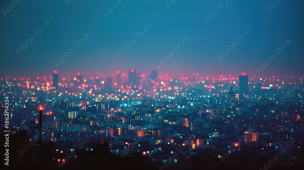 Fototapeta premium Aerial view of a brightly lit urban cityscape at night, showing a skyline with soft, colorful bokeh lights and various structures.