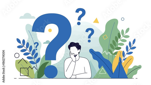 Confused Businessman Pondering Big Questions Surrounded by Oversized Question Marks and Abstract Foliage