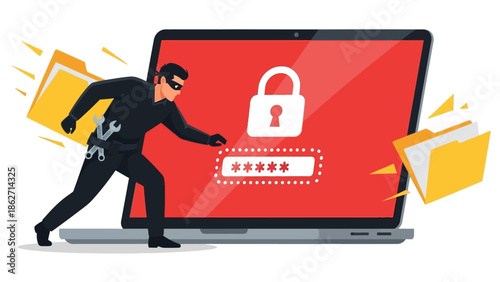 Cybercrime Illustration Hacker Stealing Data and Bypassing Laptop Security Password