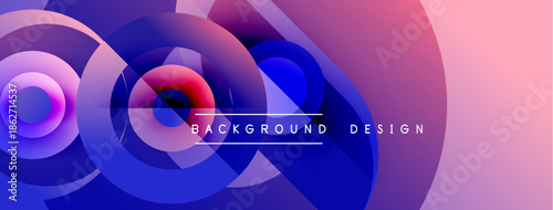 Abstract circles blend purple, blue, pink hues. Modern design creates dynamic visual impact. Background features gradient layers, smooth transitions.