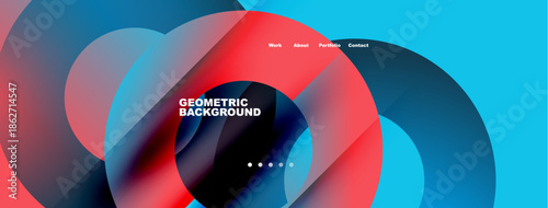 Abstract fluid shapes, vibrant colors. Website header design with text elements, navigation menu visible. Modern aesthetic.