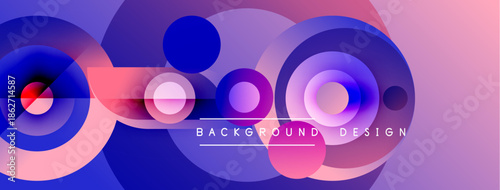 Abstract colorful circles overlap creating dynamic gradient background. Pink, purple hues dominate design, modern aesthetic.
