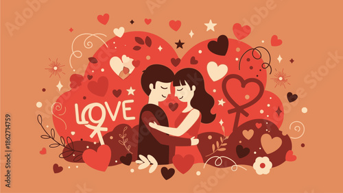 Illustration of a loving couple embracing surrounded by Valentine's Day symbols with hearts and gifts in a vibrant red and orange color scheme.