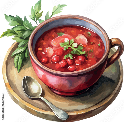 Traditional Ukrainian Borscht Soup Dish Watercolor Vector Illustration