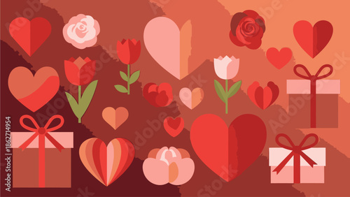 Flat lay composition of Valentine's Day gifts, flowers, and hearts in various shades of red and pink on a gradient background.
