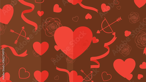 Valentine's Day themed pattern of red hearts and arrows on a brown background with ribbons and bows, flat design style.